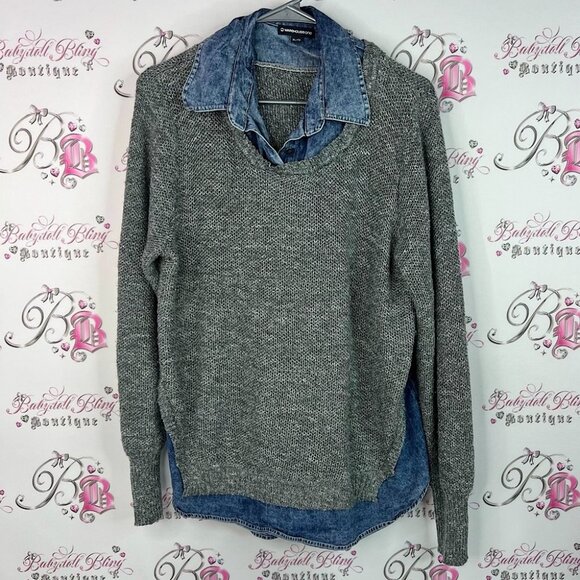 Warehouse one shirt long sleeve Gray Crewneck Sweater with Denim Collar - Picture 1 of 8